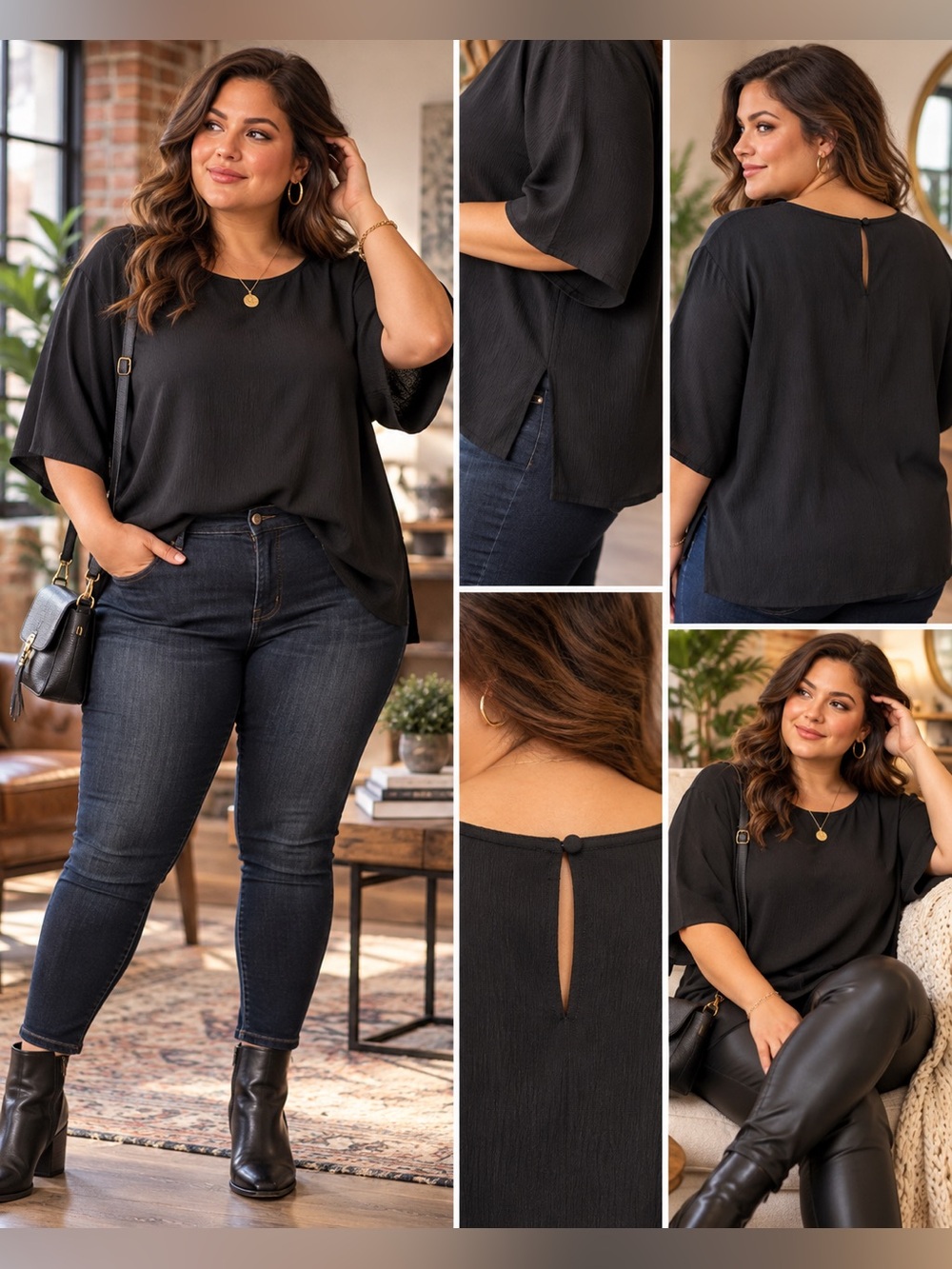 Fitting Image Black Textured Flowy Blouse Plus Size 26/28 Minimalist Chic